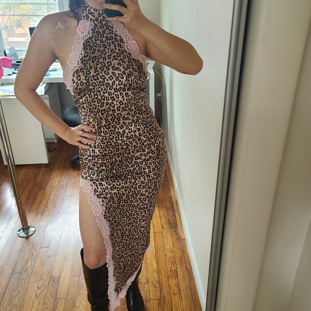 De La Vali Fuego dress silk leopard pink lace backless halter slit dress